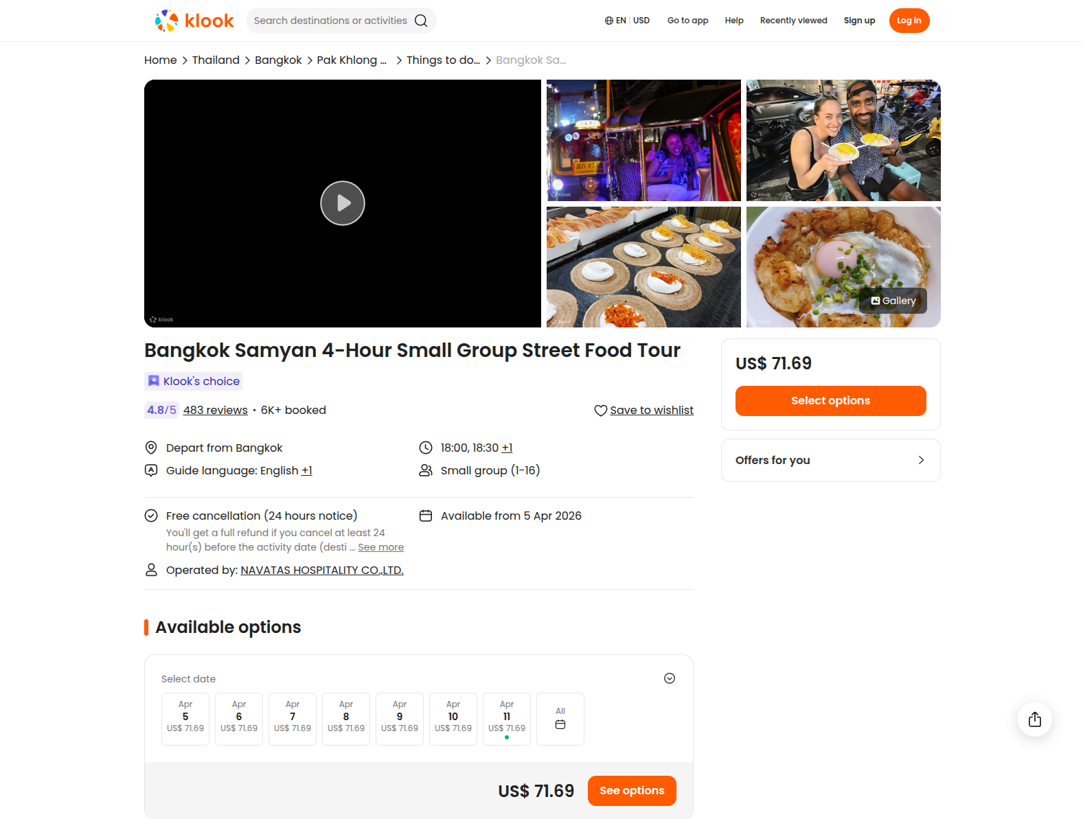 Bangkok Samyan Street Food Tour on Klook — 4.8 rating, 6000+ booked, Klook's Choice badge